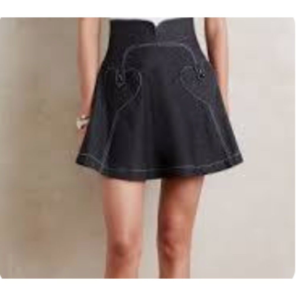 Amthropologie Anna Sui Heart of Hearts Black Mini Denim Skirt Size 0 NWT